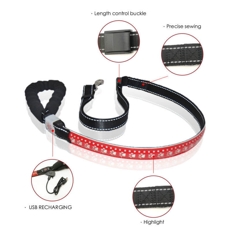 Adjustable PU Dog Leash with Led Hollow Pattern Flashing Light Led Pet Dog Leash