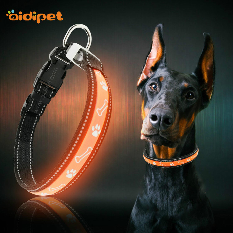 Spandex Flashing Dog Light up Collars Paw & Bone Printing Reflective Dog Collar Led  Glow Walking Night Rechargeable Dog Collar