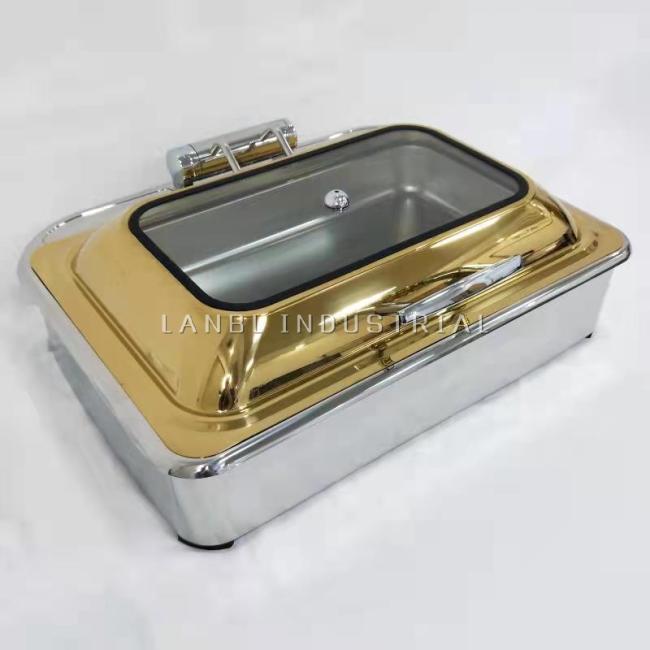 2 PCS Factory Direct Sale Rectangular Visual Golden And Sliver Wedding Hotel Buffet Universal Hotpot Heating Container