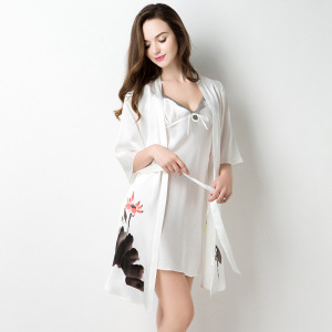 Women's White 100% Silk Kimono Satin Robe Set