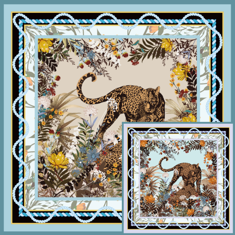 Leopard And Plants Doppelseitiger Print 16 Momme Silk Twill Scarf