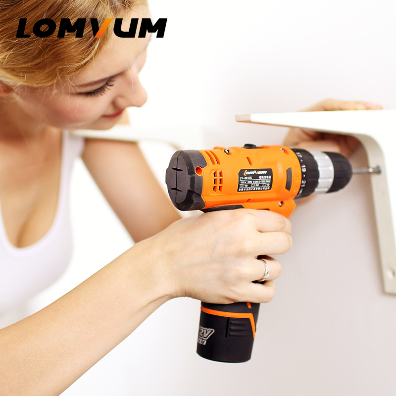 Lomvum rechargeable 12V variable speed cordless mini electric screwdriver with 2 battery