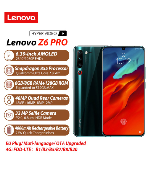 Lenovo Z6 Pro Black 8GB 128GB Snapdragon 855 Octa Core Mobile Phone 2340 * 1080 OLED Screen 48MP AI 4 Camera Smartphone