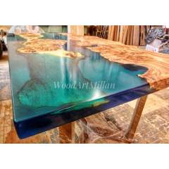 Unique design solid wood crystal clear epoxy resin dining table river live edge table