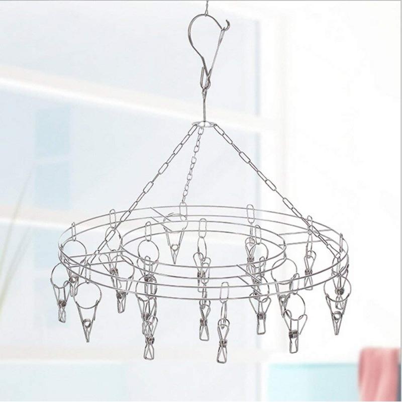Home High Quality Double Wire Round Space Saving Clothes Hangers with 18 Clips for Socks or Towel