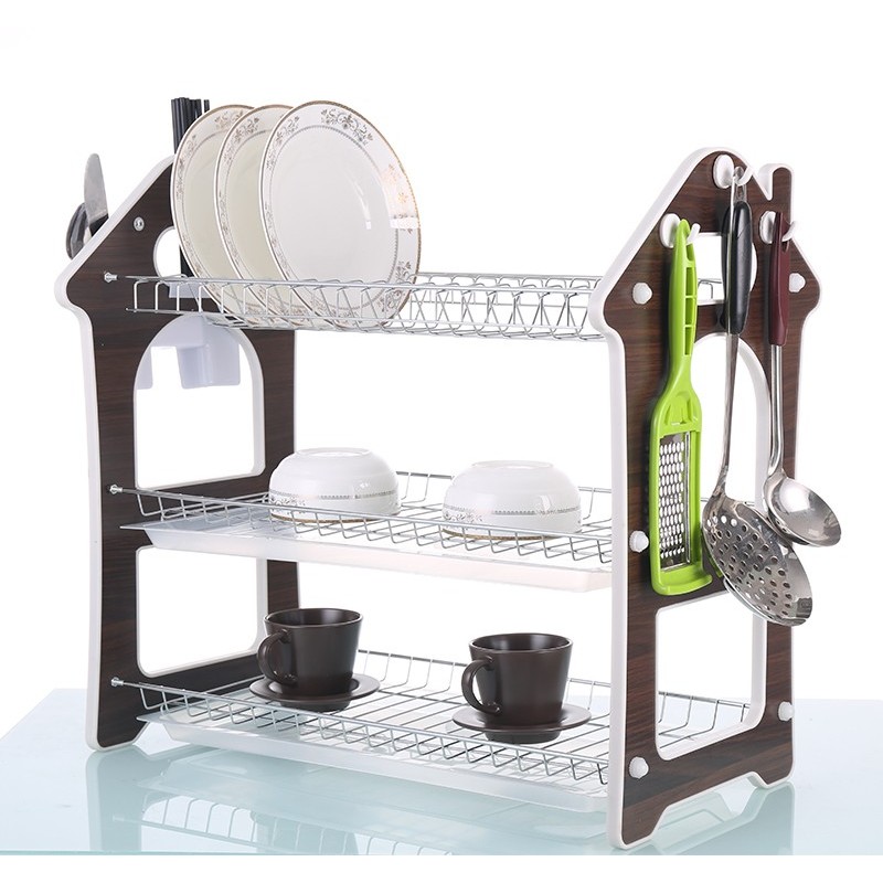 Modern Design 3 Tier Kitchen Plate Drying Stainless Steel Removable Black Dish Rack with cover
