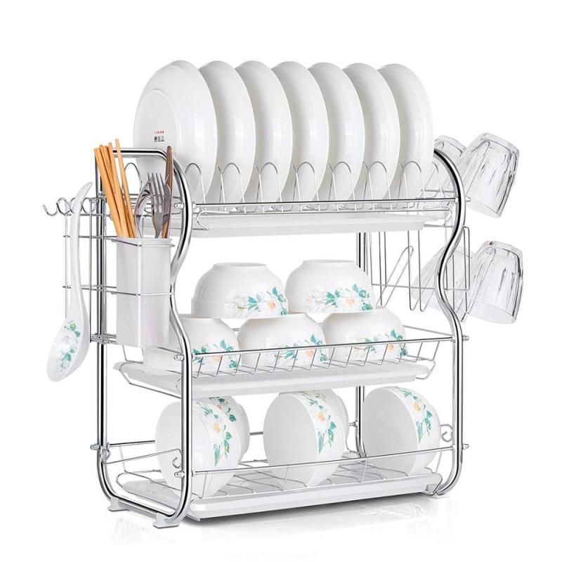 Factory manufacturer large 3 tier ABS metal kitchen dish rack with drainboard