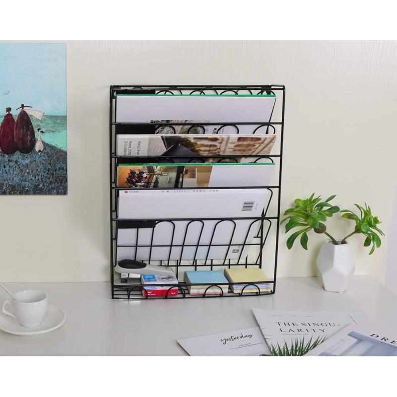 Home office hanging wall mounted wire black document file organizer for letter magazine literature sorter