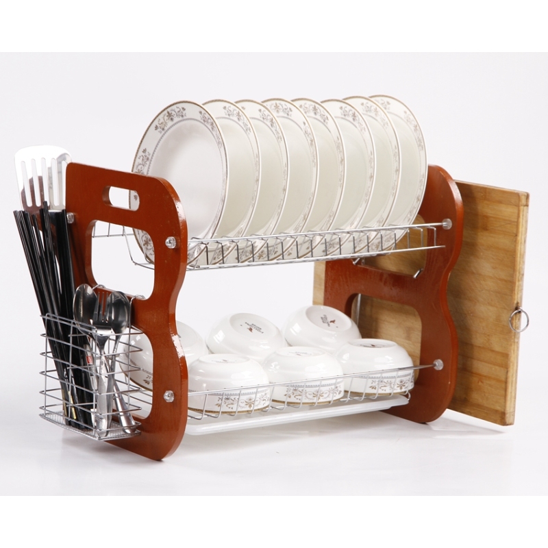 Kitchen Counter Dish Drying Rack with metal basket 2 tiers wooden kitchen dish rack