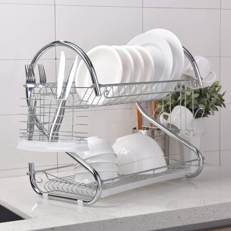 Wideny Durable Metal Dish Drainer 2 Tier Dish Drying Rack for Kitchen Counter Top