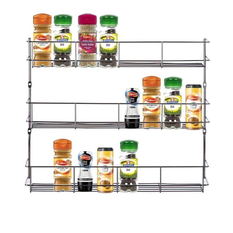 Kitchen use cabinet shelf storage wall organizer 3 tier steel metal hanging wire herb jar spice rack for pepper holder