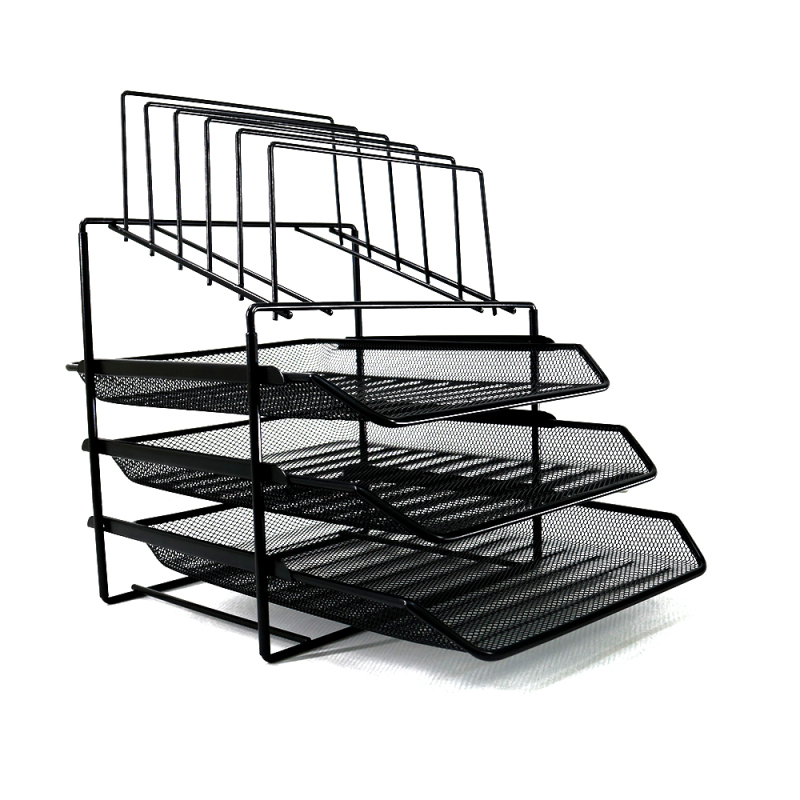 Wideny Office Black Desktop Metal Wire Mesh 3-Pack Stackable Desk File Document Letter Tray  With 5 compartment file organizer