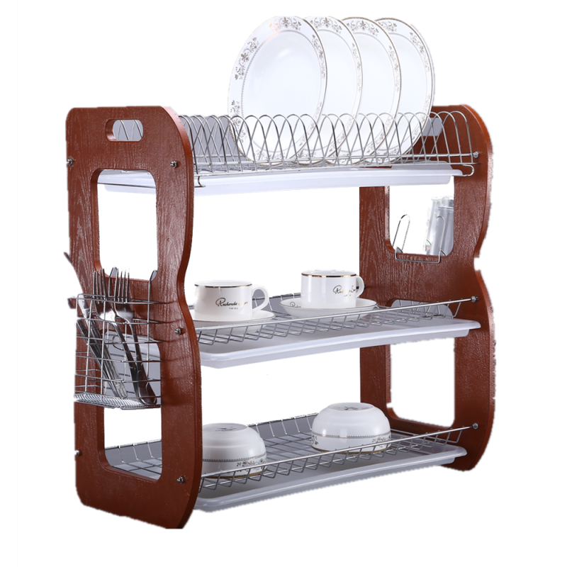 Hot selling metal wooden kichen organizer 3 tiers dish rack with arched double tray