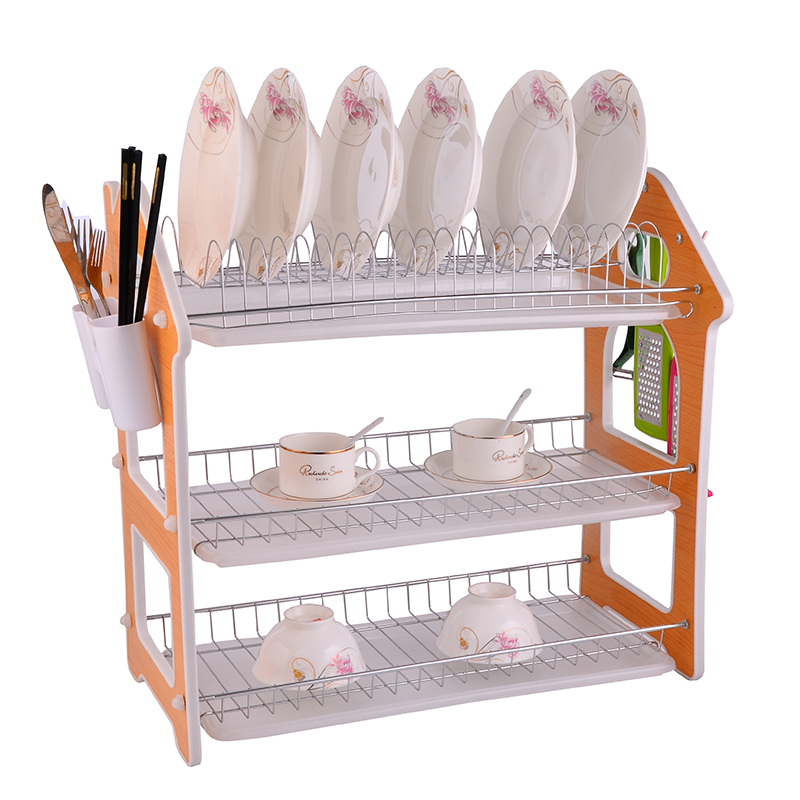 2 Tier Wire Metal Wooden Pull out Kitchen Storage with Drainboard and Cutlery Cup Chrome Dish Drainer Rack with Tray