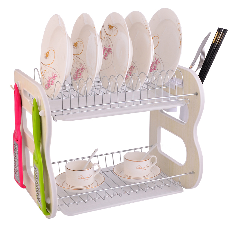 Wideny 2 tier B shape kitchenware drainer dish rack with MDF wooden board