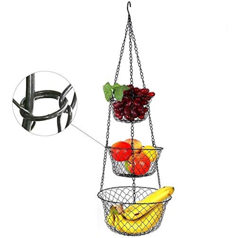Wideny Kitchen 3-Tier Black Metal Wire Removable Fruit Hanging Vegetable Kitchen Storage Basket
