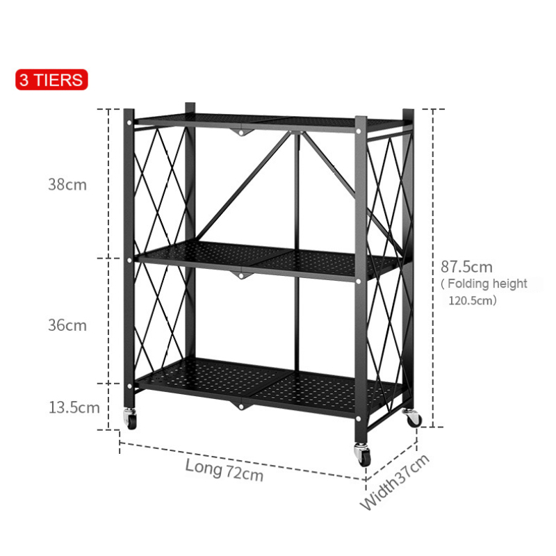 Wholesale Supply Home Black iron Metal Wire 3 Tiers Folding Kitchen Corner Storage Shelf For Storage Kitchenware
