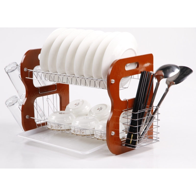 Simple Houseware kitchen storage multifunction cabinet wood sink dish drying rack with chopstick holder