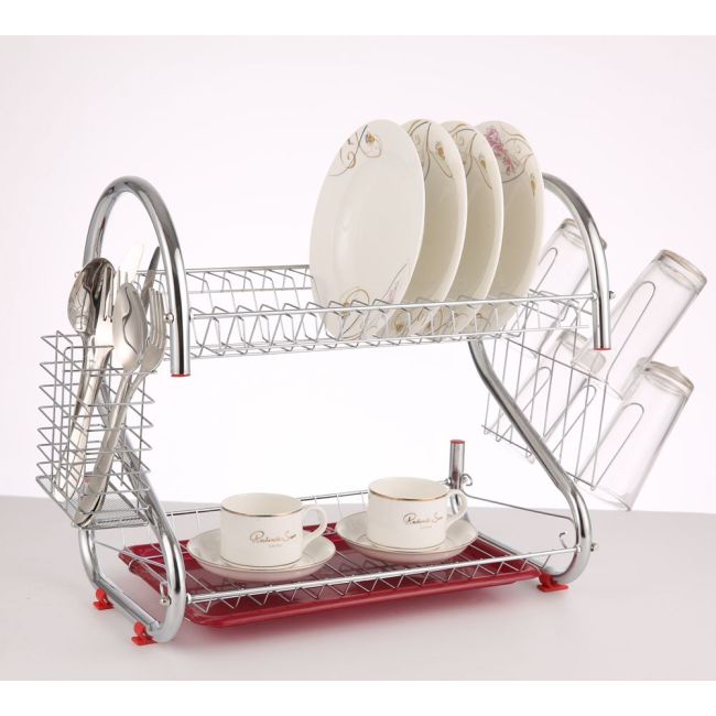 Home kitchen folding 2 tier tableware metal dish holder drying dish rack with tray