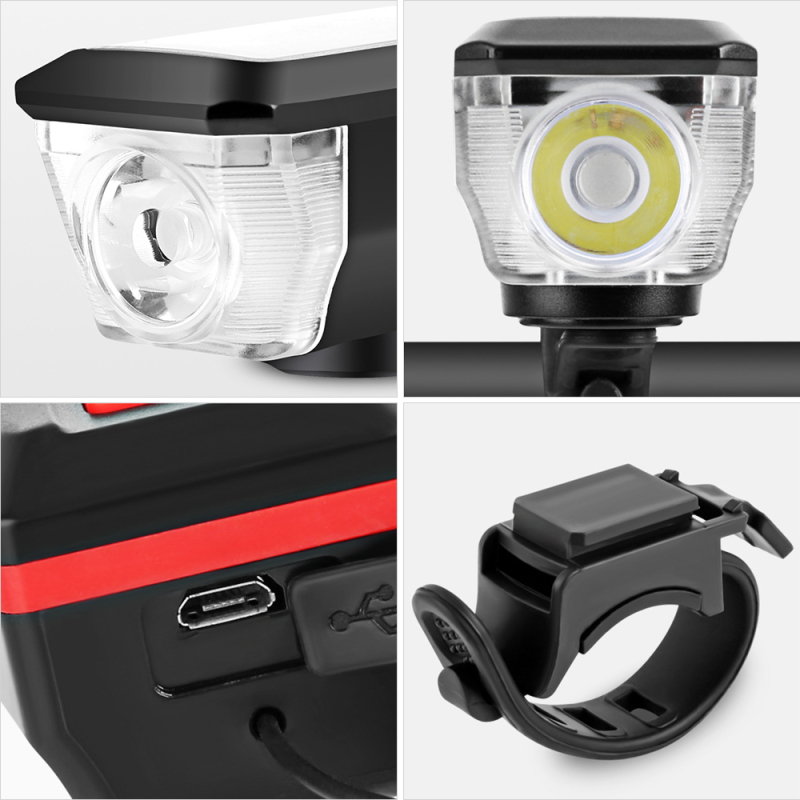Solar USB Rechargeable Double Charging Horn Lamp Waterproof 3 Modes Bicycle Headlight Bike Front Light with Power Indicator