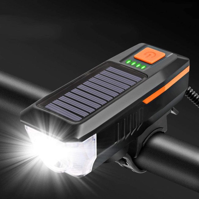 Solar-USB-wiederaufladbare Doppellade-Hornlampe, wasserdicht, 3 Modi, Fahrradscheinwerfer, Fahrrad-Frontlicht mit Betriebsanzeige
