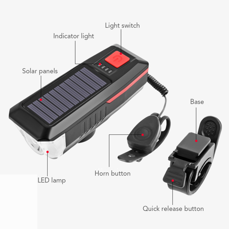 Solar USB Rechargeable Double Charging Horn Lamp Waterproof 3 Modes Bicycle Headlight Bike Front Light with Power Indicator