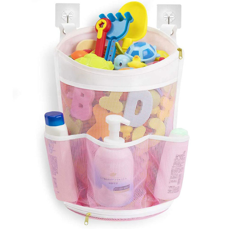 Bottom Zippered and Greater Capacity Bath Toy Organizer Storage Bag For Kids with 2 Side Pockets With Strong Hooks