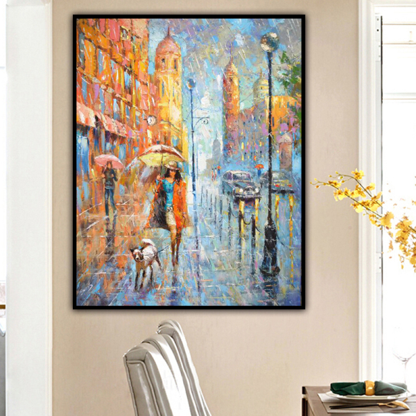 100% Handmade  Texture Oil Painting The handsome girl is leading the dog in the rain Abstract Art Wall Pictures