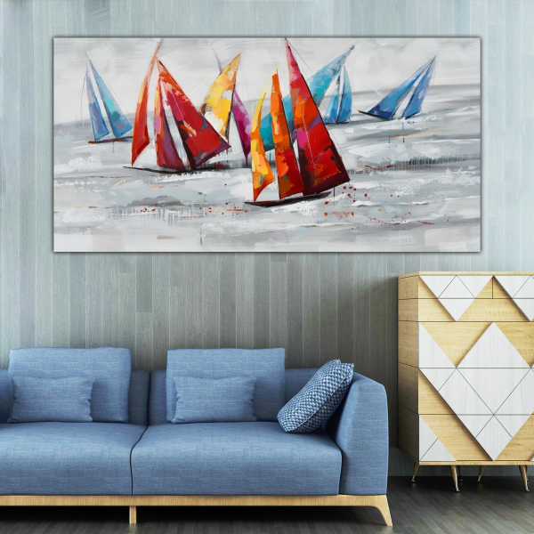 Art Fabric Canvas Pure Hand Painted Oil Painting, Abstract colorful sailing boat frameless wall art painting
