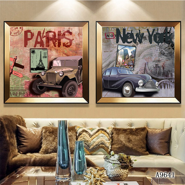 Modern Frameless Retro Postmark Cartoon Car Wall Artist Painting Oil Painting 2 Drawing Of Living Room