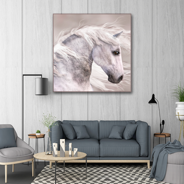 Modern style gloomy white horse animal art ink printed painting, OEM design custom printed canvas painting