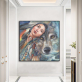 Manufacturer factory direct indian lady and wolf hpme painting, unique design OEM quality home wall decor canvas painting
