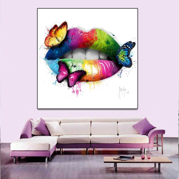 HD Printed red green Lips With Butterfly Painting Canvas Print room decor print picture canvas
