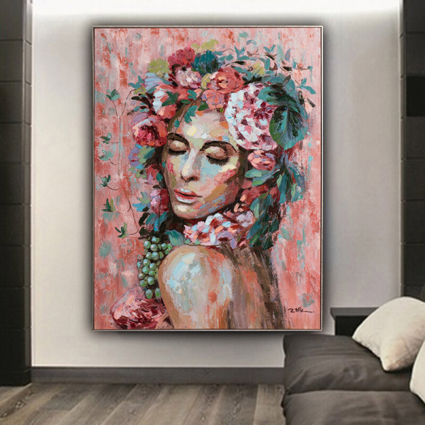 Handmade  Texture Oil Painting A woman with flowers on her head Abstract Art Wall Pictures  Decoration