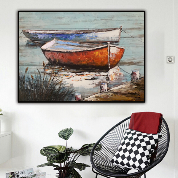 Handmade  Texture Oil PaintingTwo small boats docked by the river Abstract Art Wall Pictures for Home Office Decoration