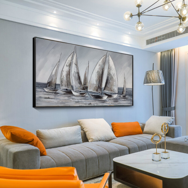 Modern sea landscape handmade oil painting, sailboat on the sea bedroom painting