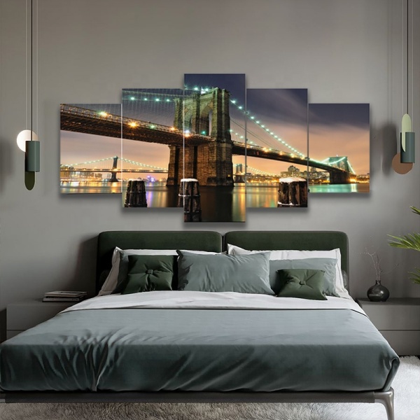 Golden Gate Bridge Night Scenic Art Printed Canvas Painting, Decorative Artwork 5 Panel Wall Art Set