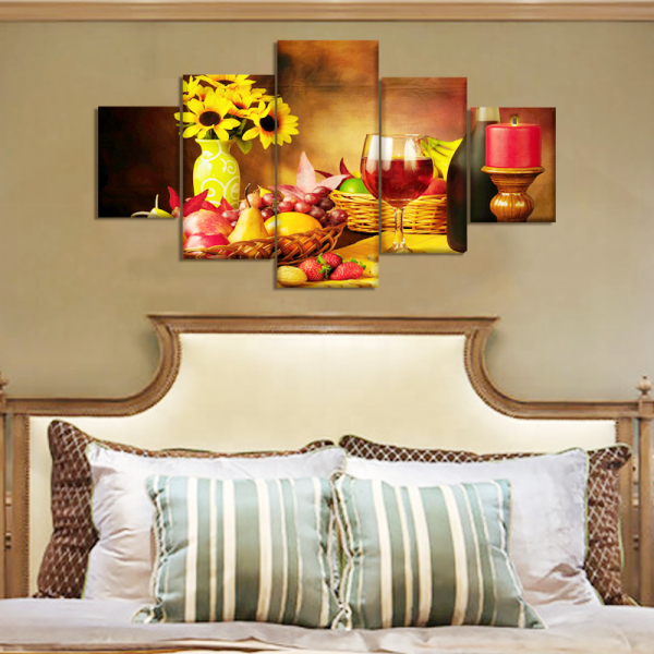 Modern Style Red Wine Fruit Still Life Art Canvas Prints, Artwork 5 Panels Wall Art Picture