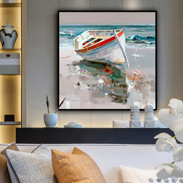 handmade oil painting A boat by the sea Thick texture home decor  Wall Decoration