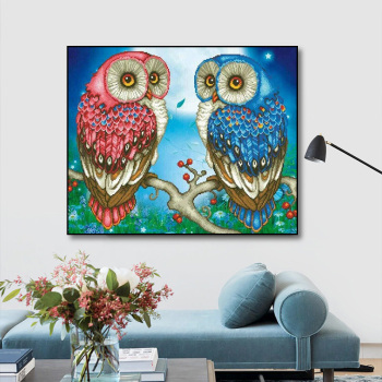 Wholesale high quality interior decoration art 5d owl twins diamond painting round full diamond custom diamond painting