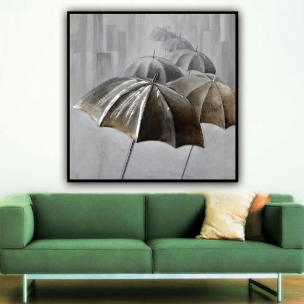 handmade oil painting  Thick texture A line of gray and black umbrellas home decor  Wall Decoration