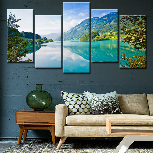 Home Wall Decoration Green Mountains And Water Blue Sky Realistic Landscape Painting 5 Oil Painting Spray Painting