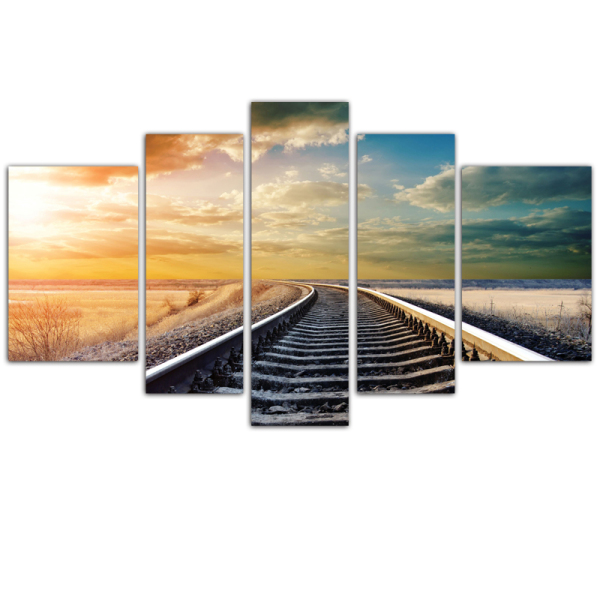 Best Short Lint Canvas Wholesale 5 Panel Setting Sun Scenery Railroad Track Digital Printing Canvas Painting