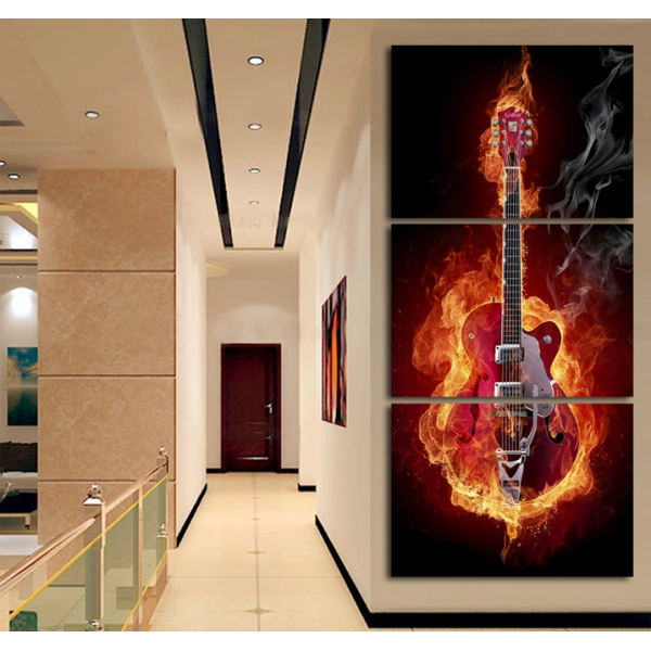 Music Art 3 Panel Wall Painting Modern Home Decors Black Burning Guitar  Art Pictures Decorn On Canvas Painting Printed