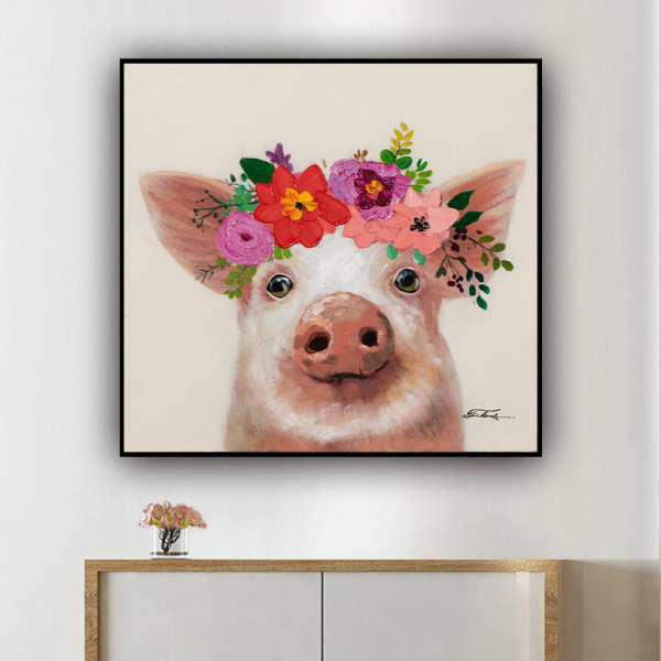 Stretched Canvas Large Size Family Painting pig With flowers Ready to Hang in Child Living Room