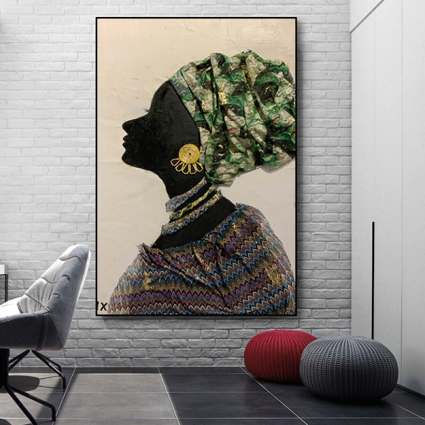 Custom modern handmade canvas wall art oil painting unframed, fashion black lady portrait art custom design oil paint