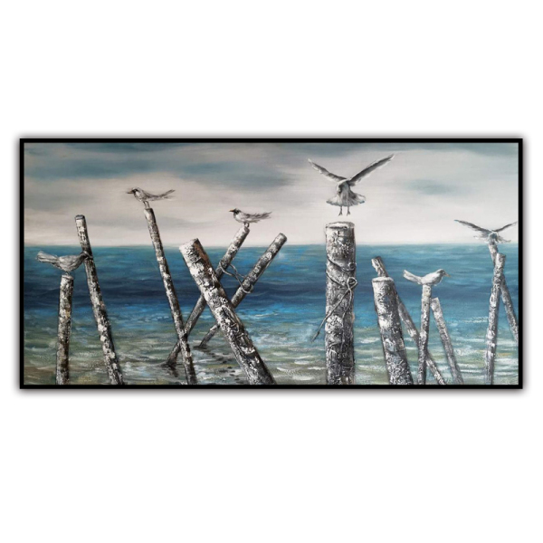 handmade oil  painting Thick texture Birds on dead wood by the sea for home decorate