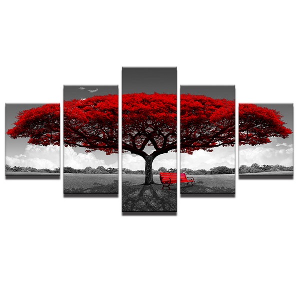Modern 5 Frameless Canvas Gray Background Red Tree Picture Printing Art Home Decoration 5 Living Room Picture