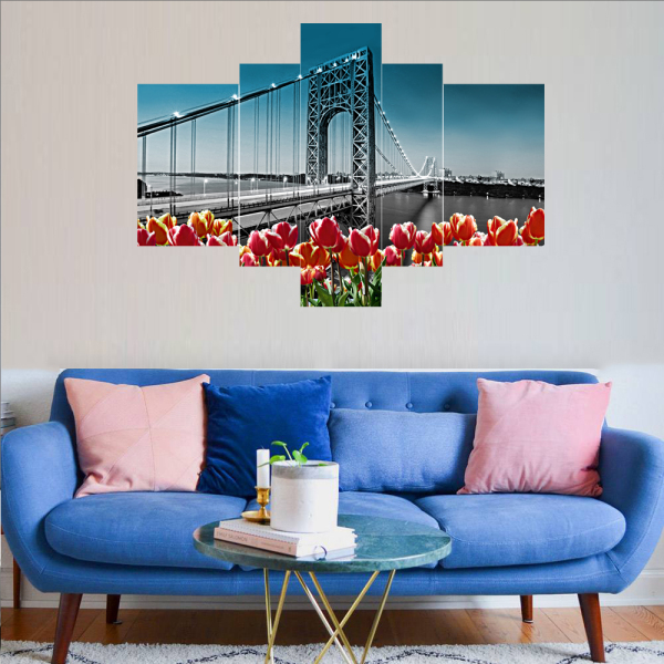 5 pieces of Oil Paintings for the Beautiful Scenery of City River Crossing Bridge Home Decoration