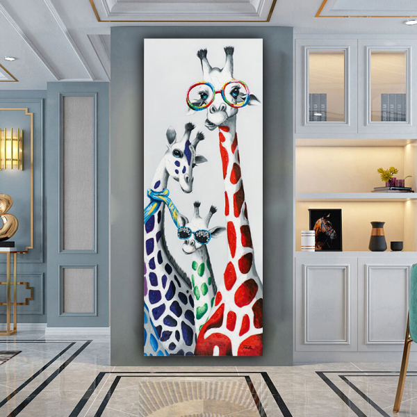 Handmade  Texture Oil Painting Funny giraffes of three Abstract Art Wall Pictures for  Home Office Decoration